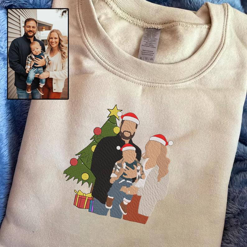 Camiseta e Moletom com Capuz Bordada de Natal | Foto de Família Personalizado