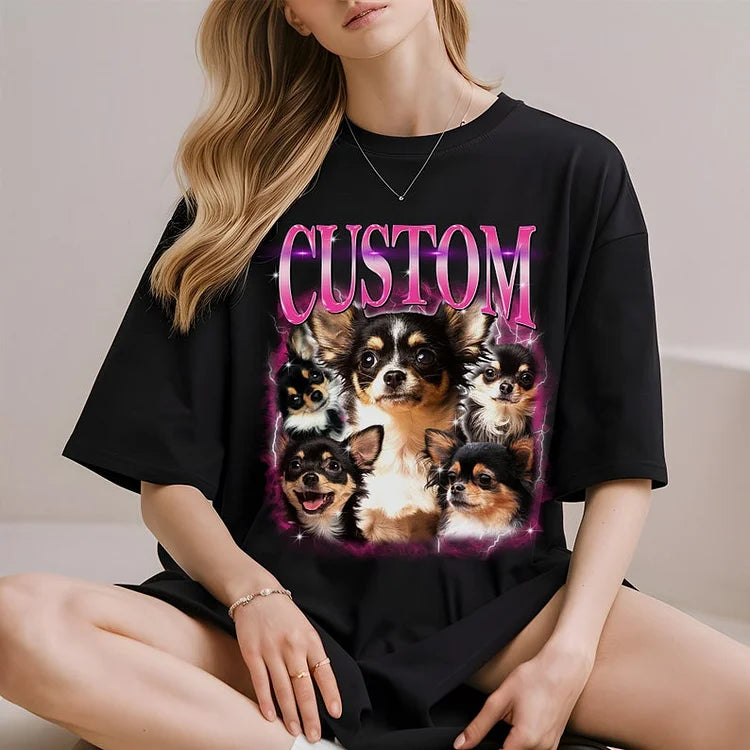 Camiseta Oversized Personalizada com Estampa de Pets Design Retrô com Seu Cachorrinho | Modelo com Chihuahuas