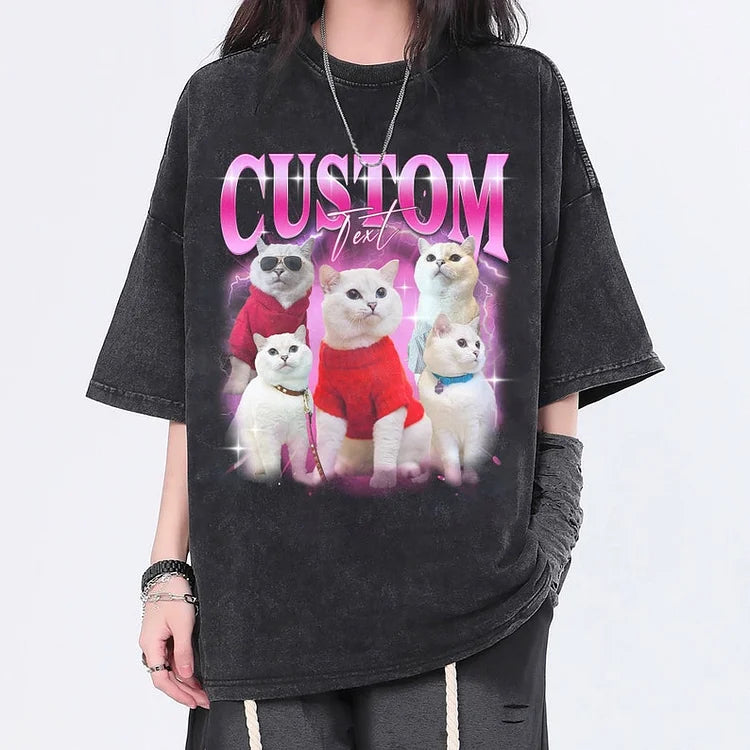 Camiseta Personalizada Custom Pets Estilo Retrô com Gatinhos Fashion | Arte Vibrante em Rosa Neon