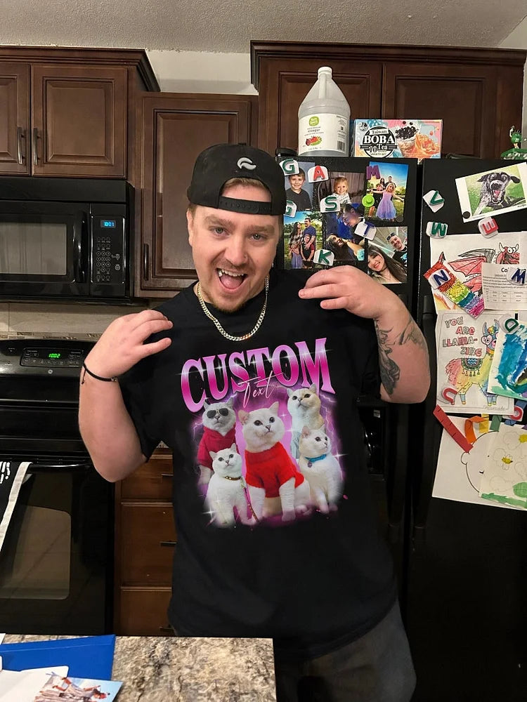 Camiseta Personalizada Custom Pets Estilo Retrô com Gatinhos Fashion | Arte Vibrante em Rosa Neon
