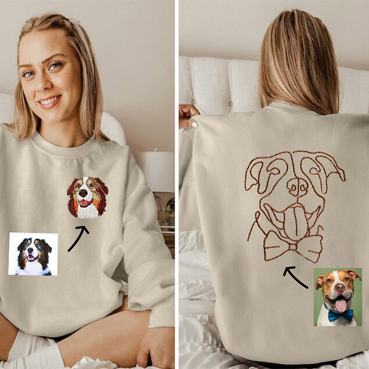 Moletom Personalizado com Rosto do Pet | Bordado Colorido na Frente Contorno Minimalista nas Costas