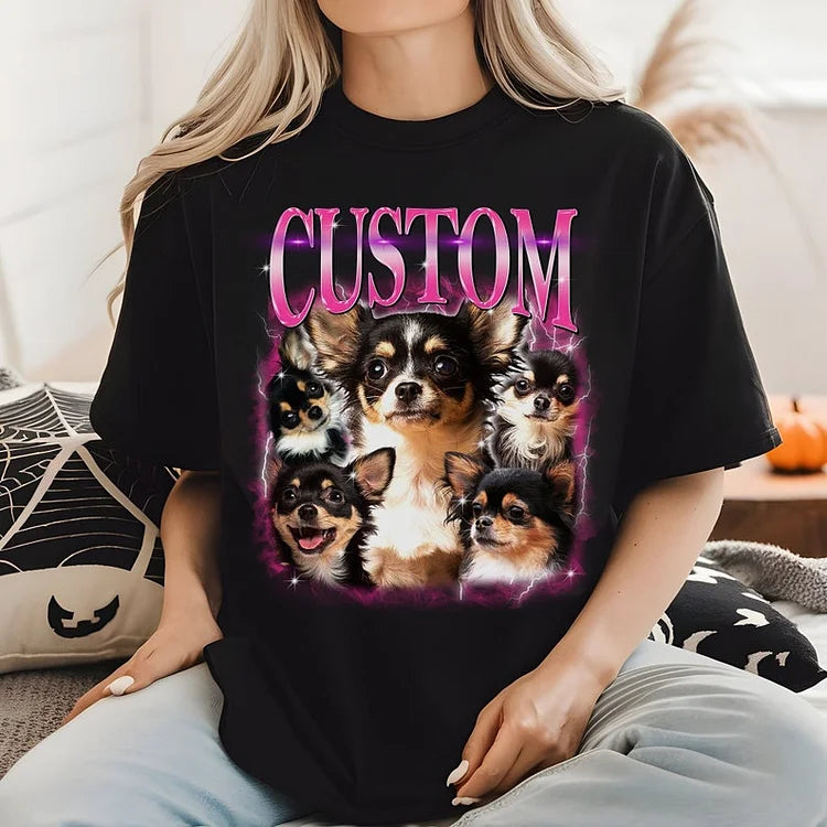 Camiseta Oversized Personalizada com Estampa de Pets Design Retrô com Seu Cachorrinho | Modelo com Chihuahuas
