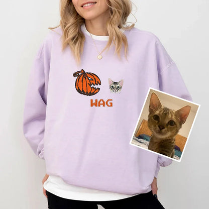Camiseta com retrato do seu animal de estimação personalizado com abóbora de Halloween