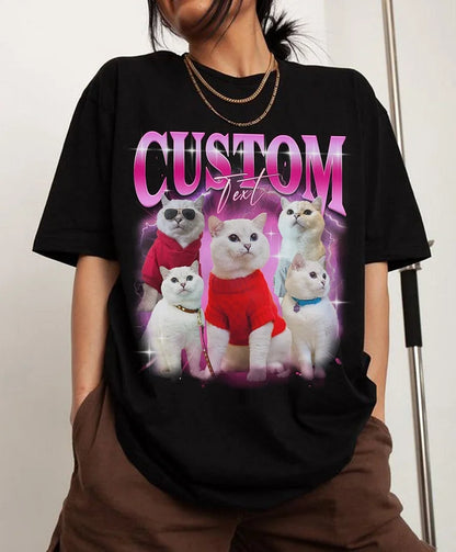 Camiseta Personalizada Custom Pets Estilo Retrô com Gatinhos Fashion | Arte Vibrante em Rosa Neon
