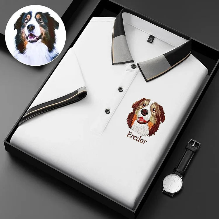 Camiseta Com Estampa Polo Personalizada | Com Retrato do seu Animal de Estimação Bordado em Cores