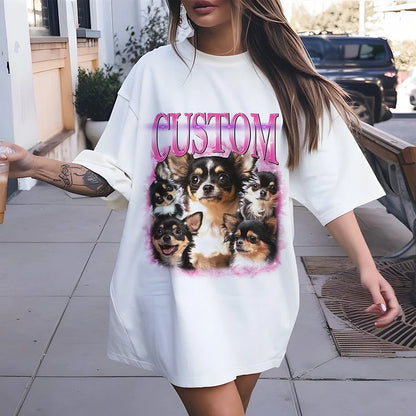 Camiseta Oversized Personalizada com Estampa de Pets Design Retrô com Seu Cachorrinho | Modelo com Chihuahuas